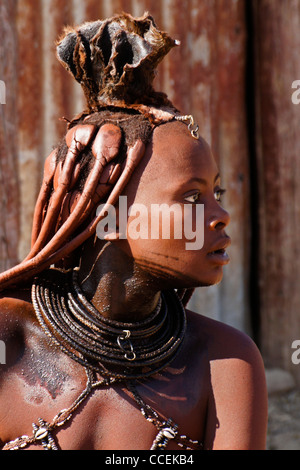 Femme Himba mariés avec des cheveux tressés et erembe près d'Opuwo, Namibie Banque D'Images