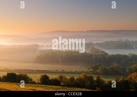 Tôt le matin, vue depuis le bord de Ranmore Common, près de Dorking dans le Surrey, au Royaume-Uni. Un train se dirige vers la direction de Dorking. Banque D'Images