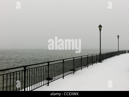 21 janvier 2012 : La neige vu tombant par l'East River à Manhattan, New York City, USA. Banque D'Images