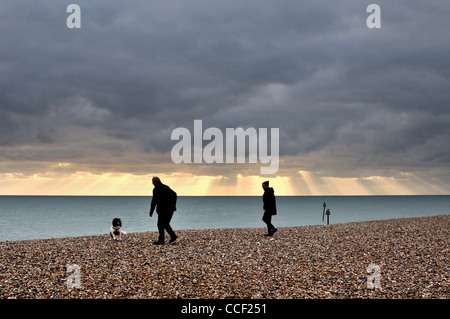 Mature couple walking dog sur la plage en hiver Banque D'Images