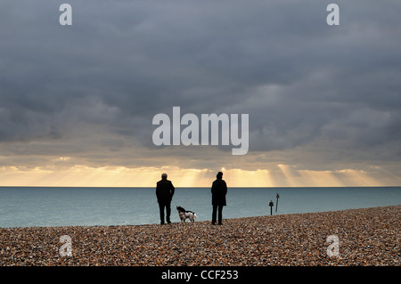 Mature couple walking dog sur la plage en hiver Banque D'Images