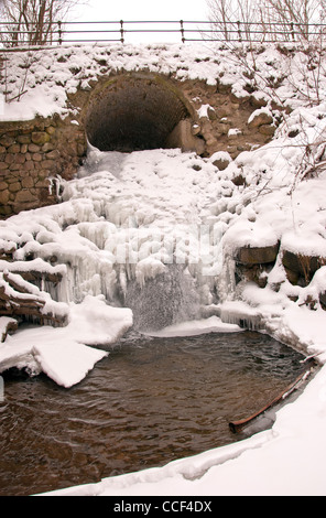 Débit d'eau de ruisseau Cascade de glace de passage icycles gelés en hiver. Banque D'Images