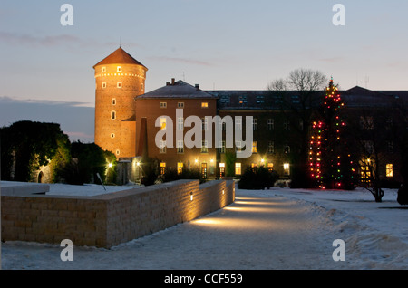 À Wawel la nuit en hiver. Banque D'Images