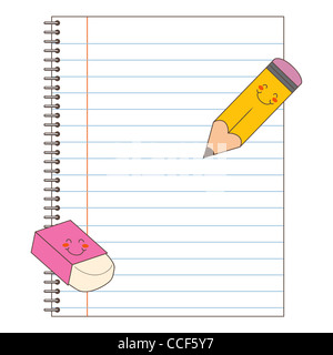 Nouvel ordinateur portable avec des pages lignées prêt à écrire avec un crayon et une gomme Banque D'Images