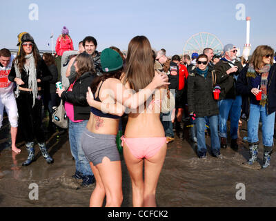 Jan 01, 2011 - Brooklyn, New York, États-Unis - bravant les eaux glaciales de l'océan Atlantique à Coney Island, les ours polaires, baignade d'hiver club aller pour leur assemblée annuelle le jour de l'an nager. Le Coney Island Polar Bear Club a été fondé en 1903 par Bernarr Macfadden, qui était connu comme le père de la culture physique. (Credi Banque D'Images