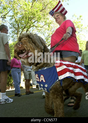 Liz Cherene de Concord, Californie, promenades 'Addy' son chien d'eau portugais à Pleasanton's Pooch Parade au centre-ville de PLEASANTON, Californie, le mercredi 4 août 2004. Le défilé annuel Pooch est une levée de fonds pour les éleveurs de chien guide Tri-Valley. (Contra Costa Times/Doug Duran) Banque D'Images