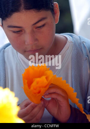 Jacqueline Santa Maria, 10, faire une fleur en papier pour le Jour des morts à la Saint Mark's Festival le samedi 2 octobre 2004 à Richmond, Californie (Contra Costa Times/ Gregory Urquiaga) Banque D'Images