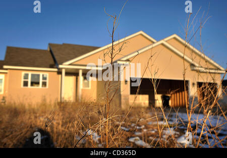 GLEN STUBBE â€¢ gstubbe@startribune.com -- Otsego, Minnesota Dimanche 13 Avril 2008 -- dernière années mauvaises herbes remplir la pelouse d'une maison inoccupée sur Martin Ave NW dans Otsego préserver. Ce quartier a beaucoup de vide, inachevée et forclosed homes. (Crédit Image : © Glen Stubbe /Star Tribune/ZUMA Press) Banque D'Images
