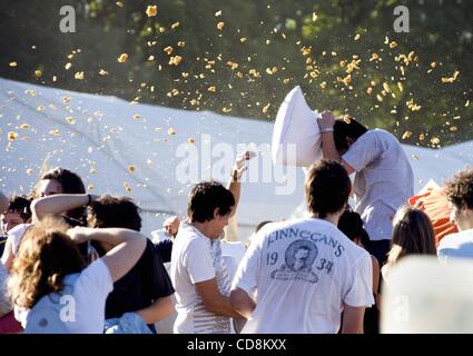 Nov 22, 2008 - Buenos Aires, Buenos Aires, Argentine - Déversements d'un oreiller de son contenu comme un participant tente de protéger sa tête au cours de la Lucha de Almohadas ou pillow fight devant le Planétarium de Montréal à Buenos Aires, Argentine, le 22 novembre 2008. La foule a été estimé à environ 2 000 peopl Banque D'Images