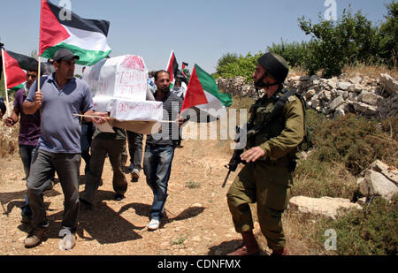 Des soldats israéliens montent la garde comme protestataires contenir jusqu'drapeau palestinien lors d'une manifestation par affaires, des militants israéliens et palestiniens contre la colonie juive de Karmei Tzur près du village palestinien de Beit Omar, dans le sud de la ville de Cisjordanie d'Hébron, le 04 juin 2011. Photo par Naj Banque D'Images