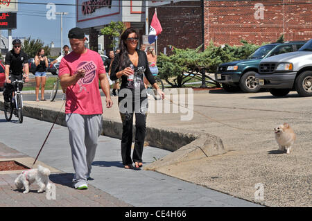 Mike Sorrentino aka la situation et Jenni Farley alias JWoww prendre leurs chiens pour une promenade. Seaside Heights, New Jersey - 28.08.10 Banque D'Images