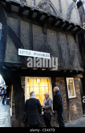 Les touristes à la recherche d'une boutique de bijoux dans la fenêtre peu historique new york shambles england uk Banque D'Images