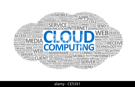 Nuage de mots illustration conceptuelle sur le thème du cloud computing. Isolé sur blanc. Banque D'Images