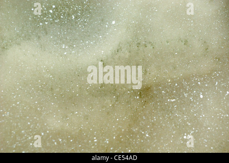 Une vue rapprochée de l'eau savonneuse dans l'évier de cuisine qui met en valeur leur texture. Banque D'Images