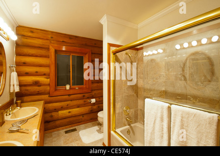 Salle de bains de luxe en log cabin avec baignoire avec douche en verre, boîtier de billots de cèdre, d'évier et comptoir. Banque D'Images