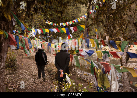 L'Inde, de l'Arunachal Pradesh, Tawang, Thongmen Gompa, les visiteurs et les guider parmi les drapeaux de prières colorés Banque D'Images