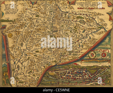 Carte antique de Salzbourg et environs par Abraham Ortelius, circa 1570 Banque D'Images