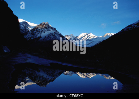 Les sommets de la neige himalayenne se reflètent dans les eaux de pluie sur la route ; Sarchu ; Manali ; Leh ; Baralacha la ; Lachulung la ; Himachal Pradesh ; Inde ; Asie Banque D'Images