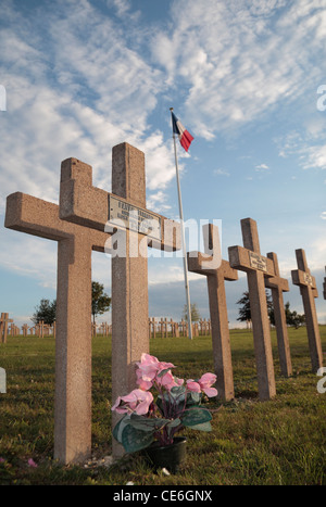 Rangées de croisements avec le tricolore français derrière au French National Cemetery à Sommepy-Tahure, Champagne Ardenne, France. Banque D'Images