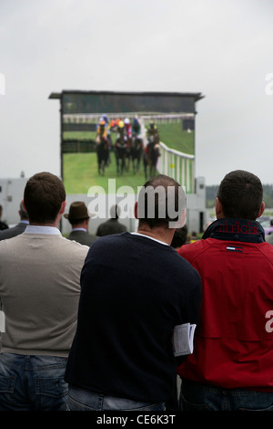 Les parieurs regardant le grand écran à Galway Races, comté de Tipperary en Irlande. Les courses de chevaux en Irlande Banque D'Images