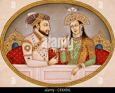 Peinture miniature de l'empereur moghol Shah Jahan avec la reine Mumtaz Mahal Inde Asie Art indien peintures asiatiques Banque D'Images