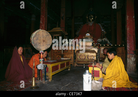 Les moines bouddhistes priant dans monastère hémis leh ladakh ; ; ; Jammu-et-Cachemire en Inde ; Banque D'Images