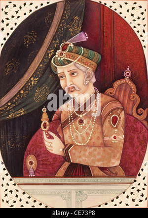 Akbar peinture miniature de l'empereur Mughal portant le collier de perles de turban assis sur le trône de l'Inde Banque D'Images