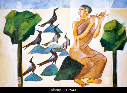 Peinture de joueur de flûte pieuse à pied oiseaux arbres rochers à l'écoute Banque D'Images