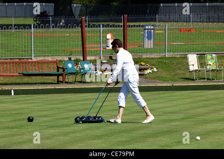 Dame la collecte avec chariot bols après un match , Southborough Common , Tunbridge Wells , Kent , Angleterre Banque D'Images
