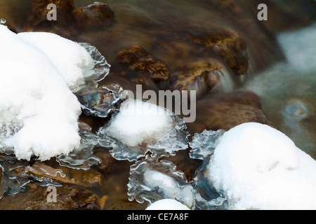Forest stream circulant sur des rochers avec de la neige et des formations de glace Banque D'Images