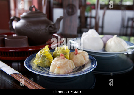 Dim Sun (boulettes) servi dans la maison de thé, Dunedin Nouvelle-zélande Jardin Chinois Banque D'Images