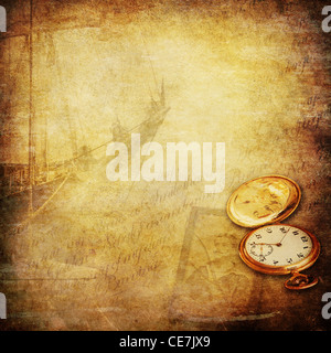 Fond d'écran avec voilier, une montre de poche, une vieille photo d'un matelot et un livre ouvert Banque D'Images