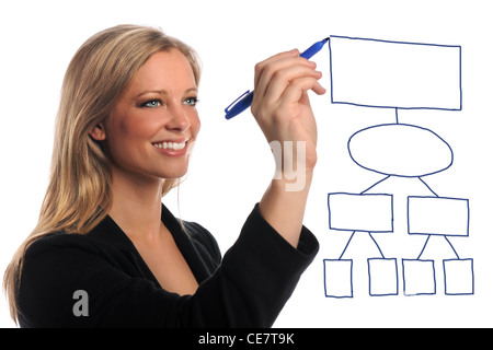 Portrait of beautiful businesswoman drawing chart sur verre isolé sur fond blanc Banque D'Images