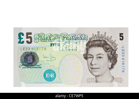 Cinq anglais pound note sur un fond blanc Banque D'Images