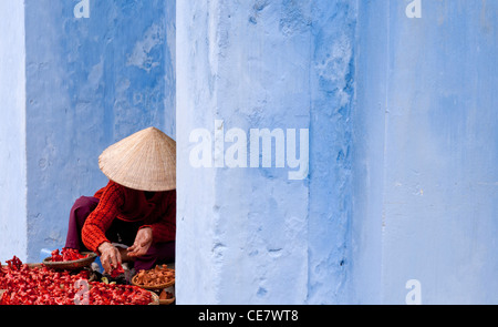 Hawker femelle dans Nguyen Thai Hoc St, Hoi An, Viet Nam Banque D'Images