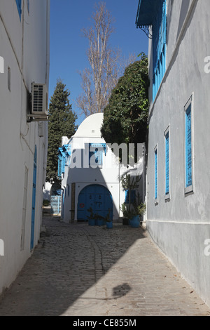 Sidi Bou Said - immeuble typique avec des murs blancs, portes et fenêtres bleu Banque D'Images