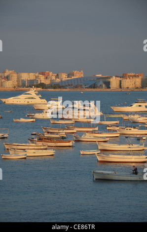 La Méditerranée seascape et toits d'Alexandrie avec le port intérieur au premier plan. Banque D'Images