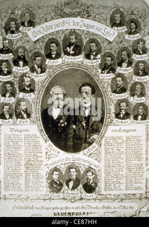 L'Allemagne. Le congrès de Gotha, 1875. Fiche de rappel avec portrait de Marx et de Lassalle au centre. Banque D'Images