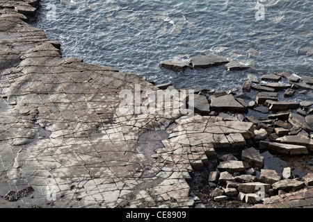 La marée receeding révèle le Jurassique rock, près de la baie de Kimmeridge, Dorset Banque D'Images