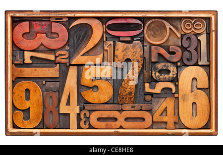 Résumé numéro aléatoire - typographie vintage wood blocks dans une boîte en bois isolé sur blanc Banque D'Images