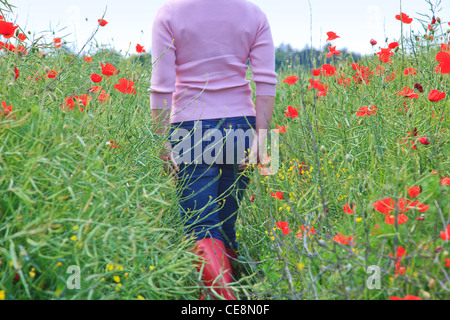 Photo d'une femme marche à travers un champ de coquelicots Banque D'Images