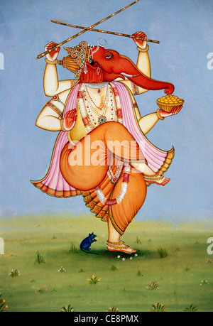 Lord Ganesh Ganpati danse dansant dandiya peinture miniature sur papier Banque D'Images