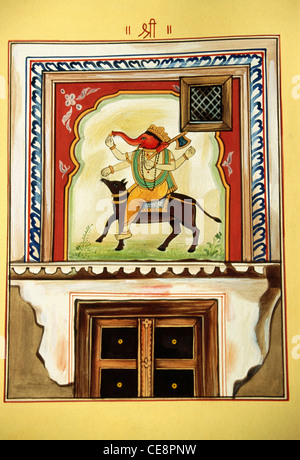 BDR80478 : peinture murale indienne Seigneur Ganesh assis sur la peinture miniature vache inde Banque D'Images