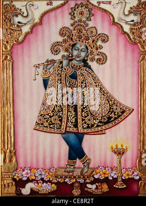 BDR 80565 : Le Seigneur Krishna jouant la peinture Miniature sur ivoire flûte Banque D'Images