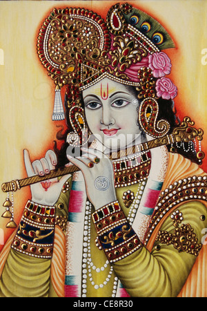 BDR 80566 : Le Seigneur Krishna avec flûte instruments de musique miniature sur papier Banque D'Images
