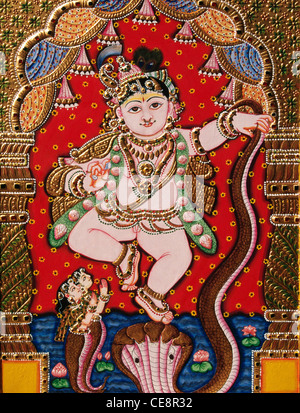 BDR 80567 : Seigneur Bal jeune Krishna dansant sur un serpent tanjore peinture scolaire Banque D'Images