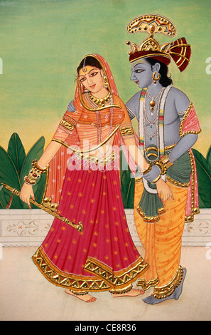 Radha Krishna Making up ; peinture miniature sur papier ; Inde ; Asie Banque D'Images