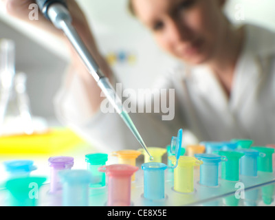 Parution du modèle. La recherche biologique. Un pipetage scientifique liquide dans des tubes Eppendorf. Banque D'Images