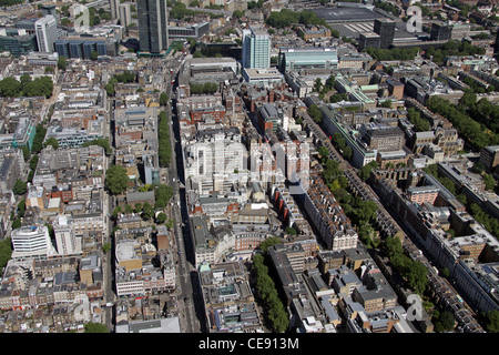 Image aérienne le quartier de Bloomsbury à Londres, en regardant vers le nord jusqu'à Tottenham court Road et Gower Street depuis la gare de Goodge Street, Londres W1 Banque D'Images