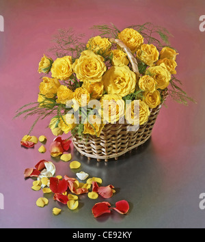Panier avec des roses jaunes Banque D'Images